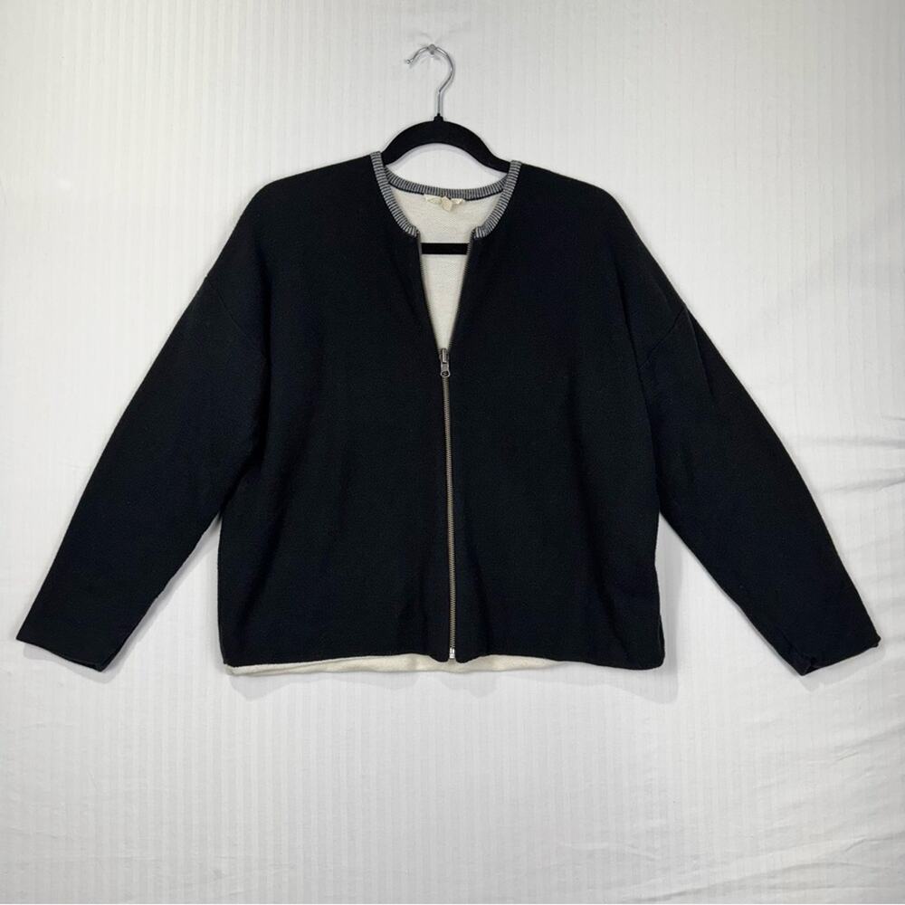 Eileen Fisher Black Full-Zip Cardigan Sweater Jacket Size Medium Organic Cotton